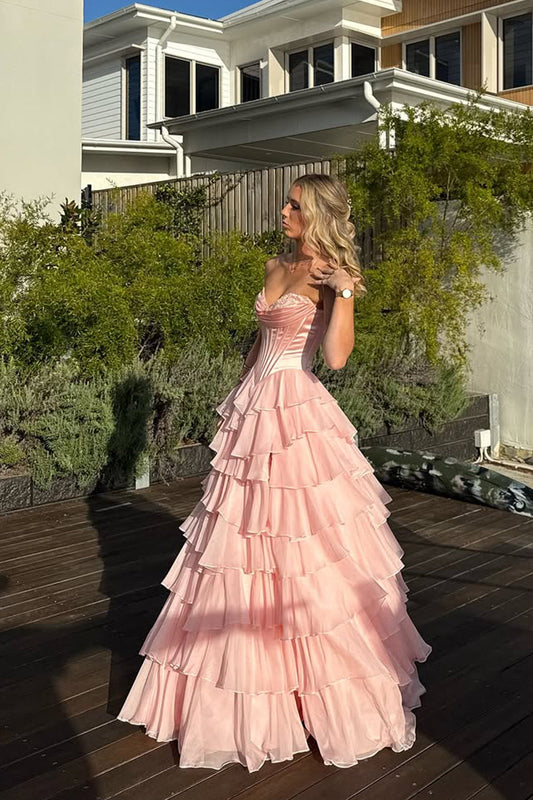 Stunging A Line Sweetheart Blush Pink Tiered Chiffon Prom Dress Gown with Slit LF1333