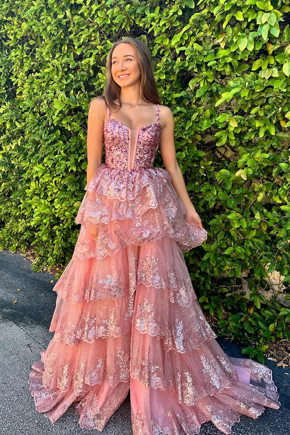 Stunging A Line V Neck Evening Gown Blush Sequins Tiered Prom Dress LF626