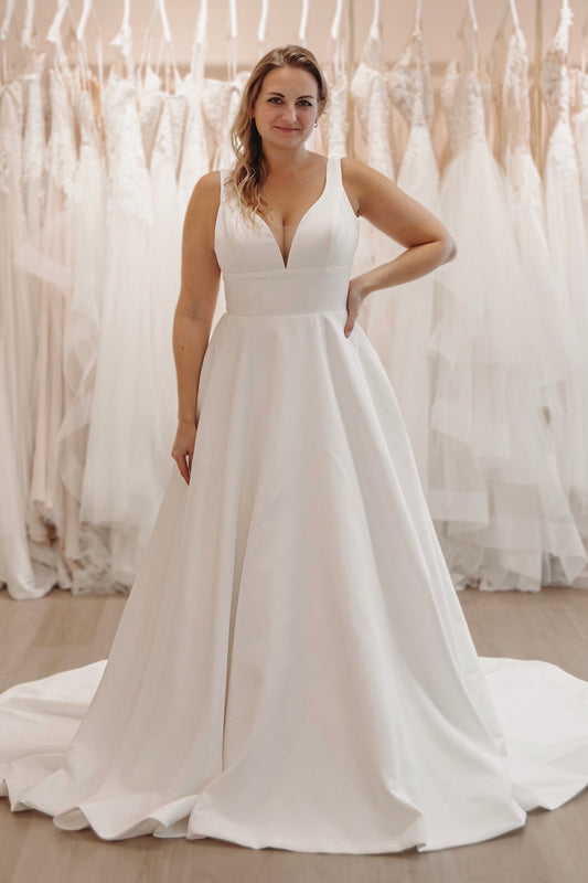 Cute A Line V Neck Satin Long Wedding Dresses Gown with Botton HS881