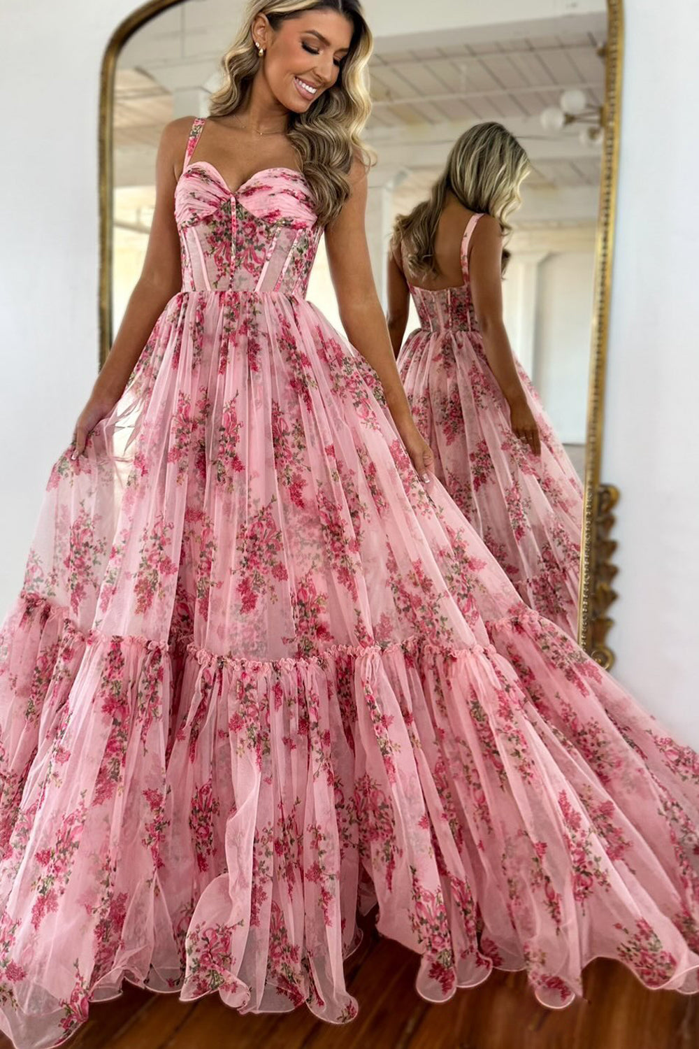 Fairy A Line Sweetheart Blush Floral Printed Chiffon Long Prom Dress Gown LF1290