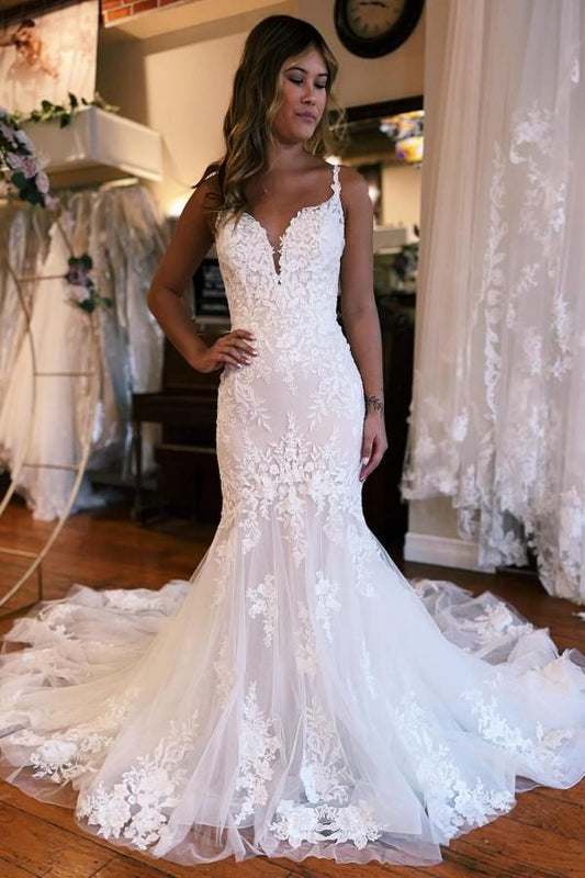 Graceful Mermaid V Neck Lace Long Wedding Dresses Gown with Appliques HS963