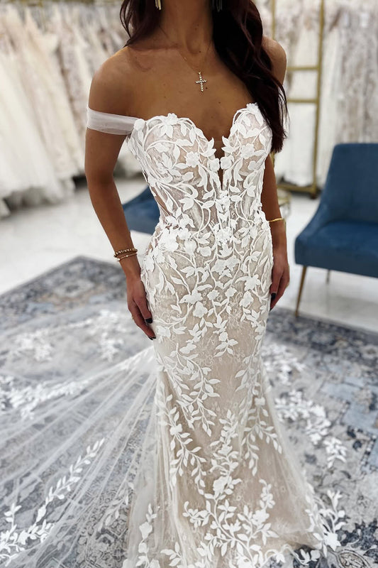 Mermaid Off the Shoulder Ivory Tulle Lace Wedding Dresses Gown HS814