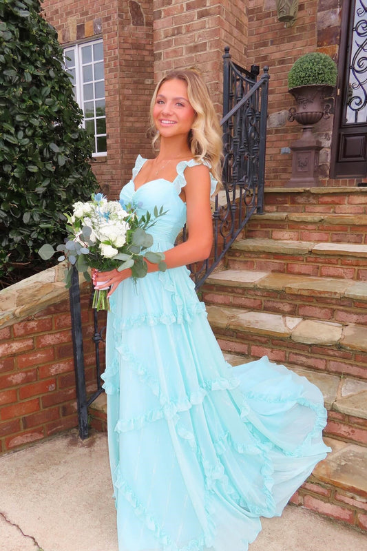 Stunging A Line Sweetheart Chiffon Ruffles Long Prom Dress Gown