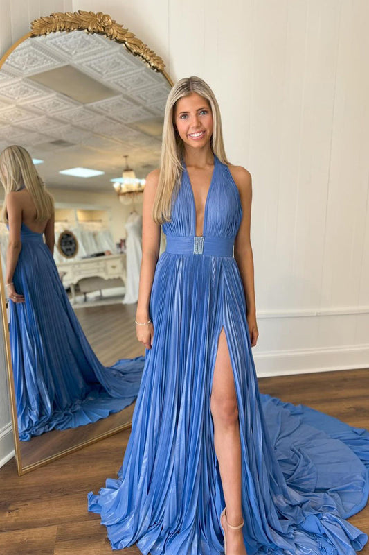 Elegant A Line Deep V Neck Backless Pleated Chiffon Prom Dress Gown with Slit