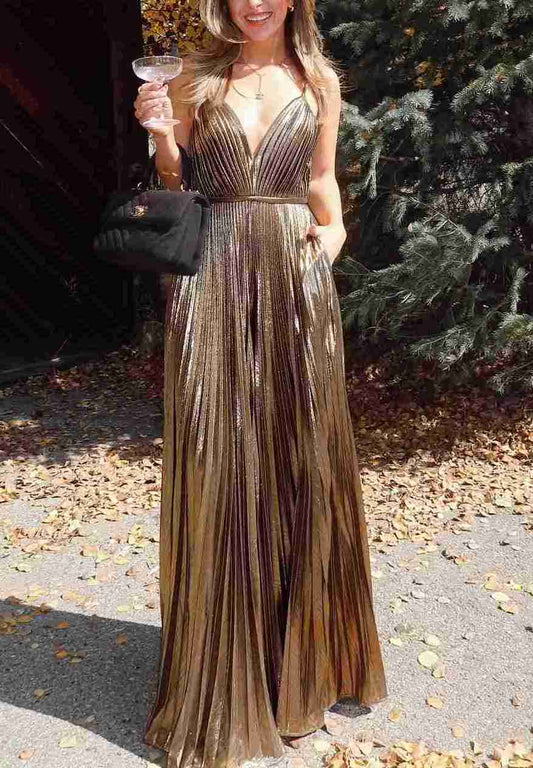 Fashion A Line V Neck Gold Metallic Pleat Satin Long Prom Dress Gown
