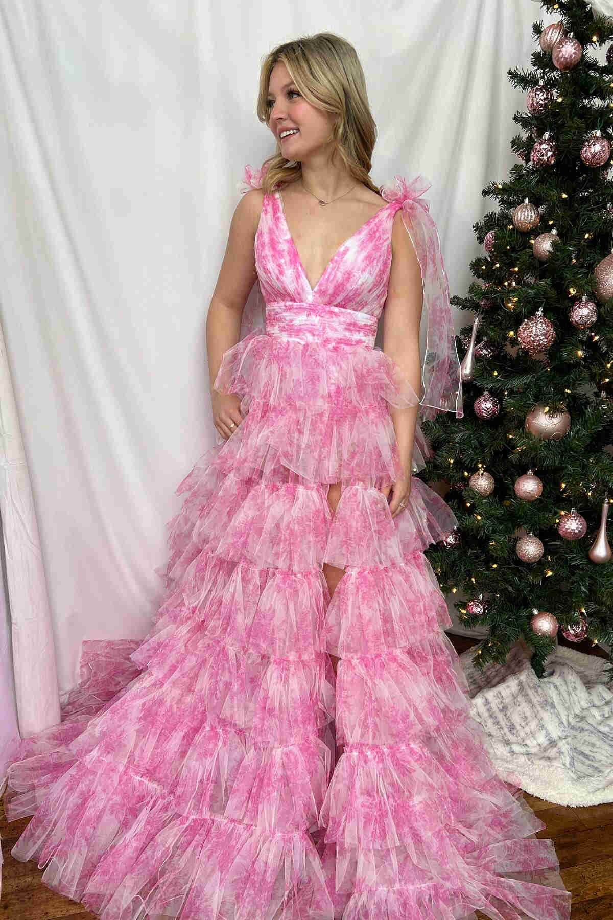 Fairy A Line V-Neck Coral Floral Print Layered Tulle Long Prom Dress Gown with Slit