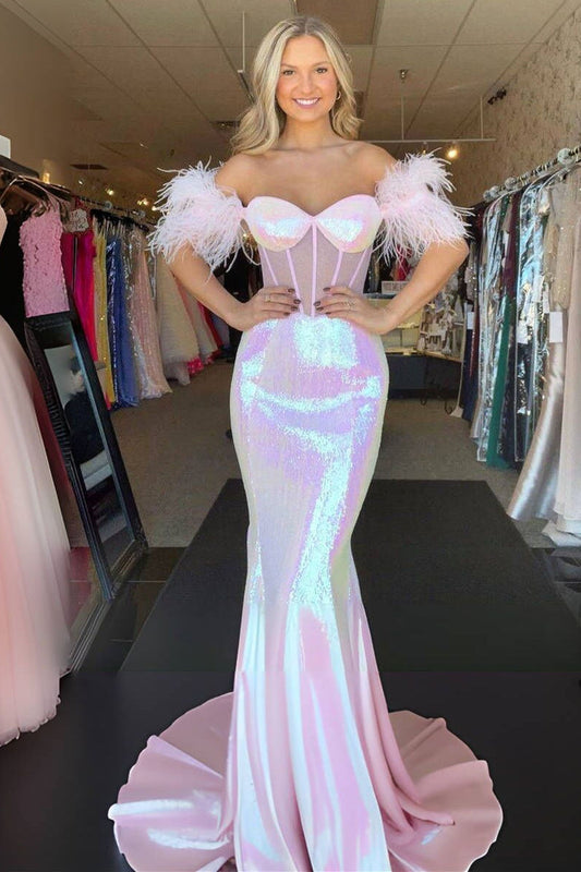 Conspicuous Mermaid Sweetheart Pink Sequins Feathered Prom Dress Gown