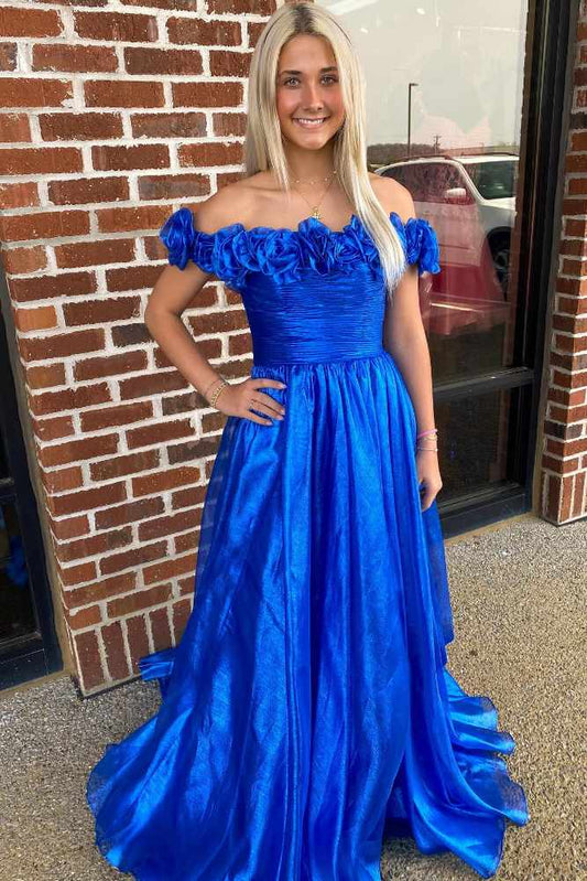 Dazzling A Line Royal Blue Off Shoulder Satin Prom Dress Gown with Pockets