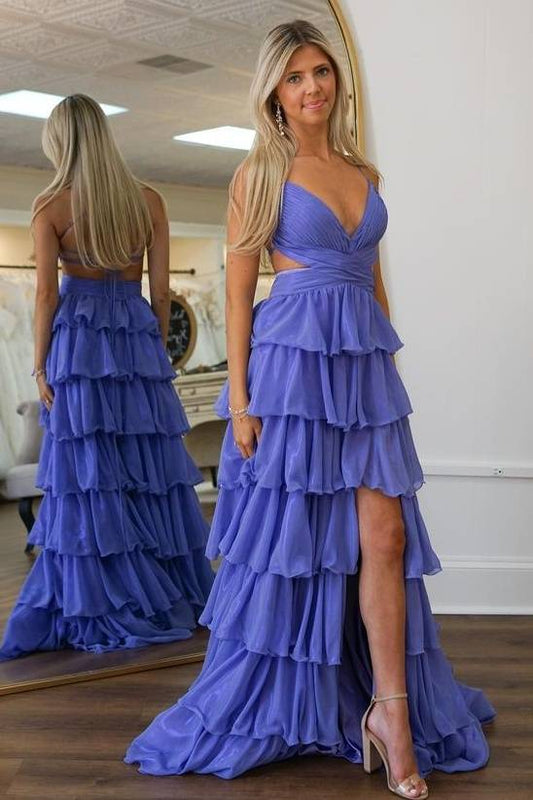 Fairy A Line V-Neck Ruffle Tiered Chiffon Prom Dress Gown with Slit