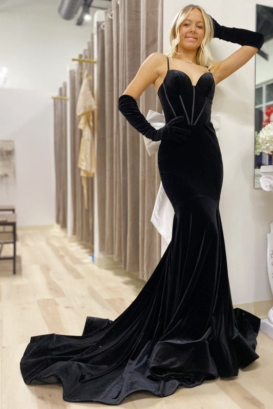 Glamorous Mermaid Sweetheart Black Velvet Long Prom Dress Gown with Bow